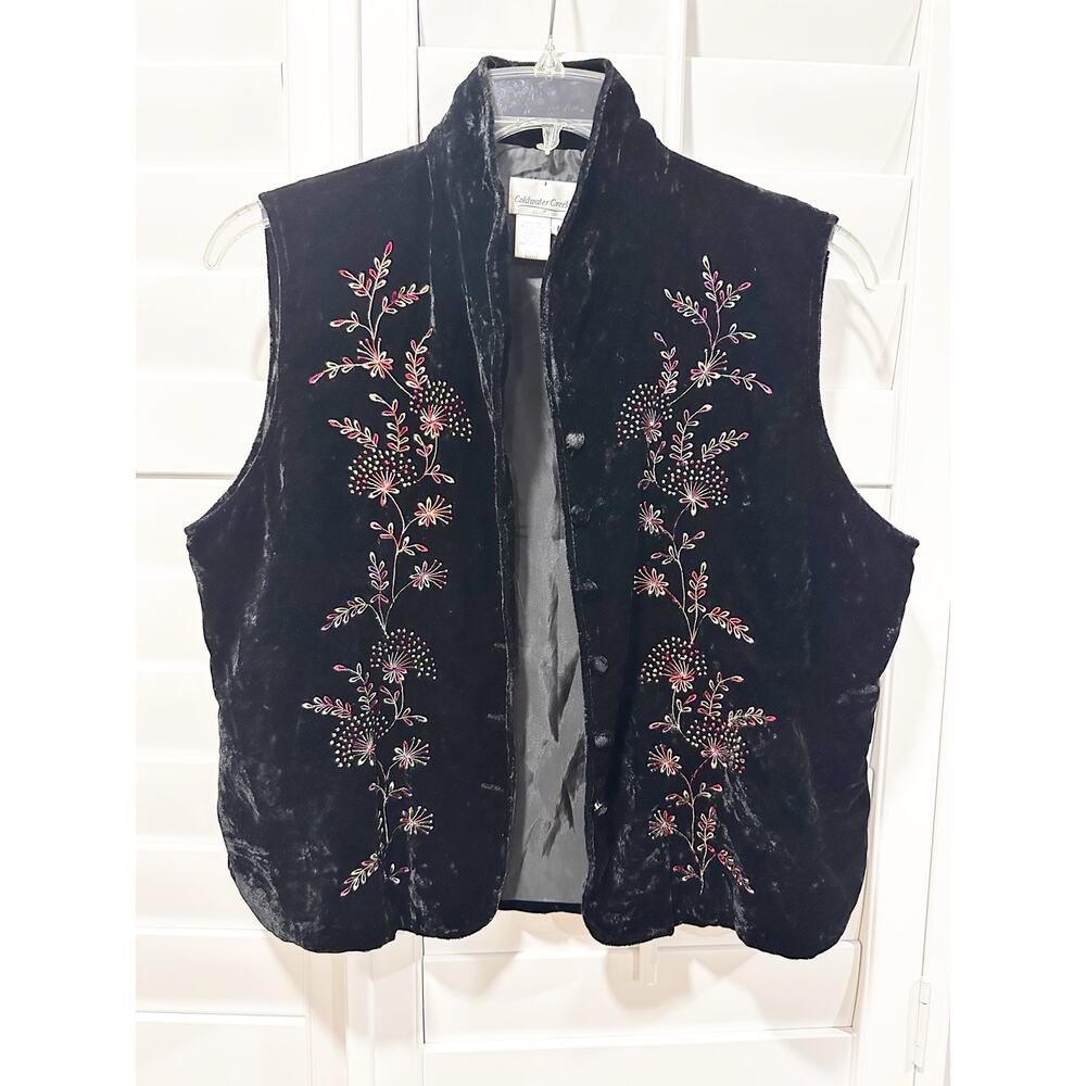 Vintage Coldwater Creek Black Velvet Embroidered Vest Large floral embroidery